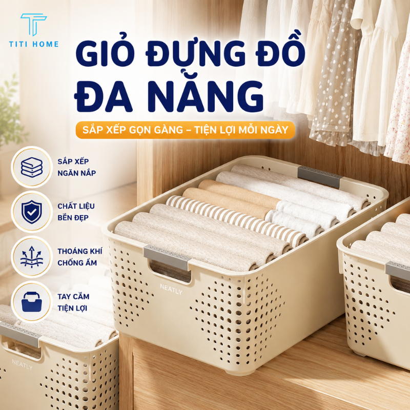Giỏ Nhựa Đựng Đồ Đa Năng Có Tay Cầm Rổ Nhựa Đựng Quần Áo Đồ Chơi Mỹ Phẩm Tủ Quần Áo Nhà Tắm Titihome