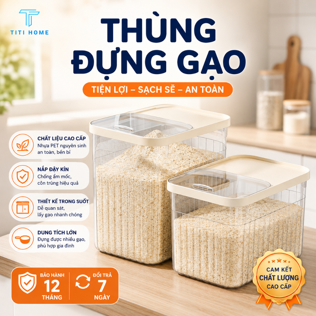 Thùng đựng gạo nhà bếp nắp bật thông minh màu kem chịu lực chịu nhiệt tốt 3 loại 5kg 10kg 15kg Titihome