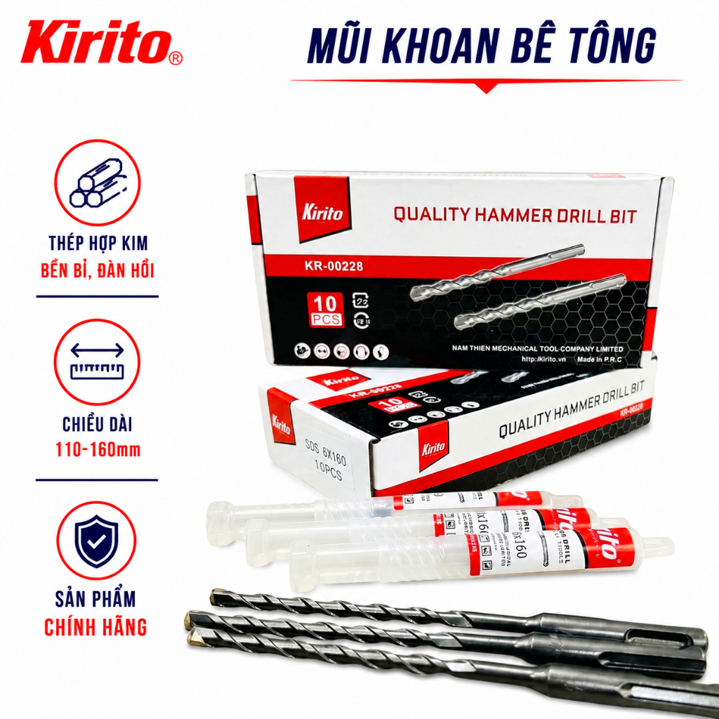 Bộ Mũi Khoan Bê Tông Kirito 6-8-10-12-14mm Chính Hãng, Thép Hợp Kim Siêu Bền