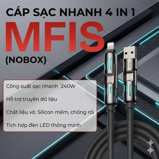Cap sạc nhanh Mfish 4 in 1 240W đèn led RGB dây silicone đầu kim loại- dài  2M , Chip E-marker, Truyền dữ liệu