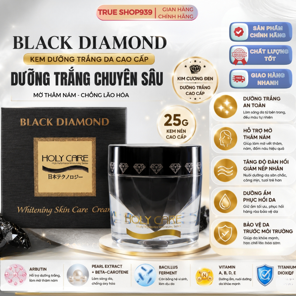 Kem Dưỡng Trắng Da Cao Cấp Holy Care Đài Loan Black Diamond 25G | Chất kem nén sử dụng lâu
