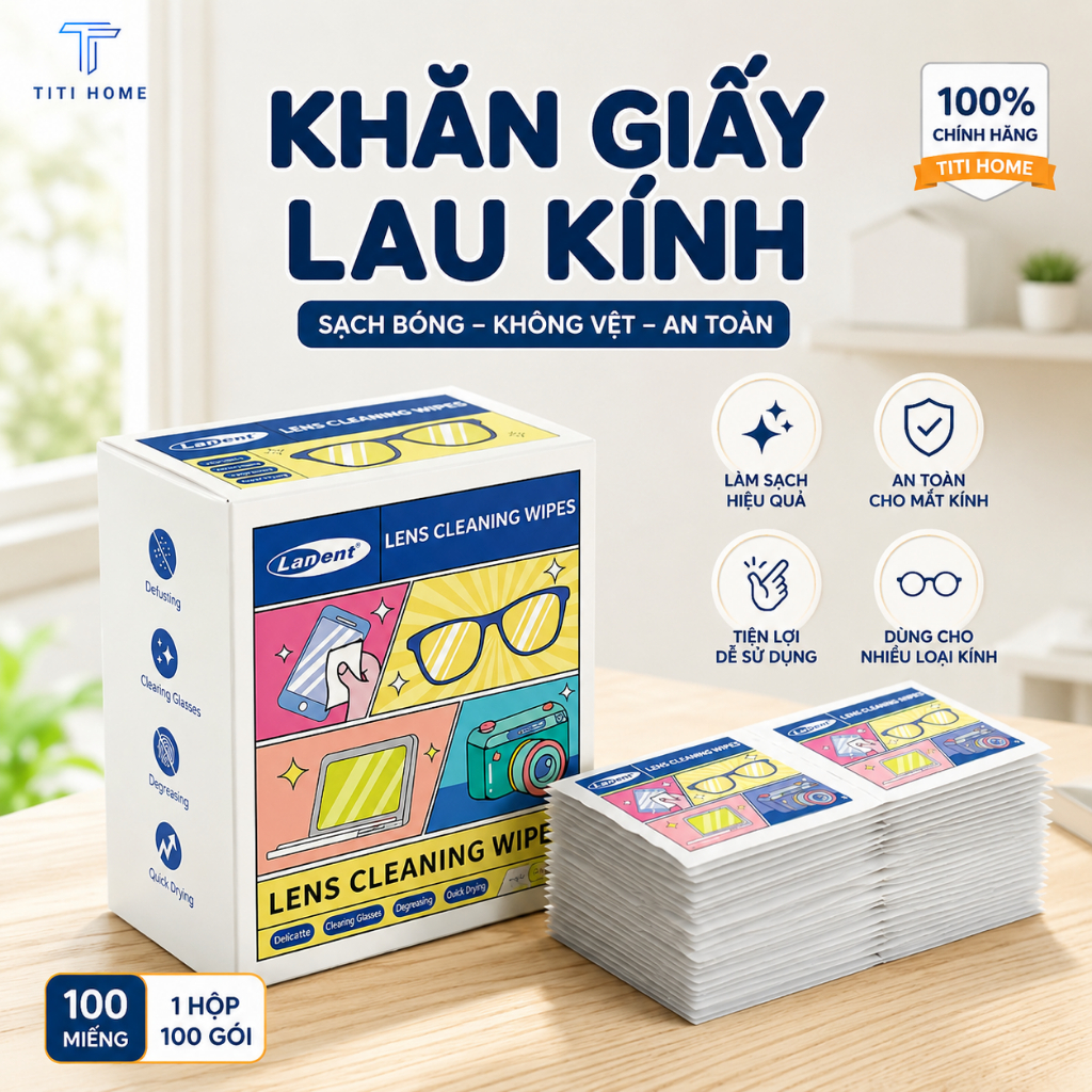 Hộp 100 Khăn lau kính nano chống bám hơi nước, Giấy lau kính mắt chống sương mù mồ hôi, Khăn lau vệ sinh TitiHome