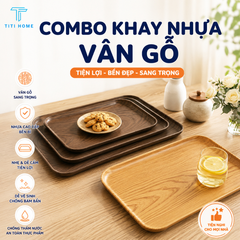 Combo Khay nhựa giả vân gỗ chữ nhật decor quán, khay úp cốc vân gỗ trang trí, phù hợp quán Cafe TitiHome