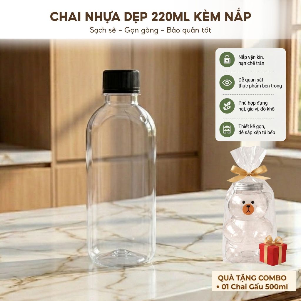 Combo 25 Chai Dẹp 220ml  Kèm Nắp Trắng/Đen – Chai Đựng Nước Ép, Trà Sữa, Detox, Sữa Hạt Take Away, Nhựa PET