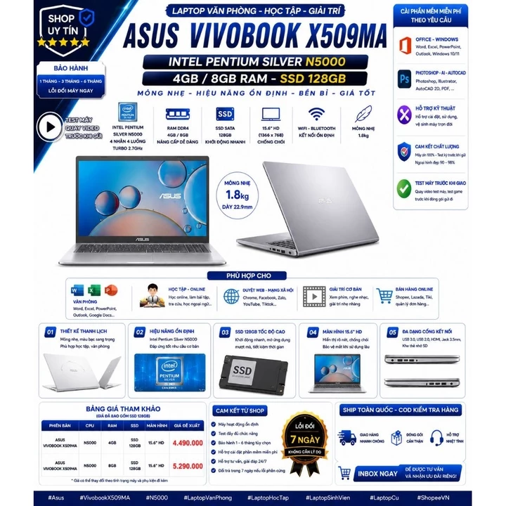 ASUS VIVOBOOK X509MA | INTEL N5000 | RAM 4GB/8GB | SSD 128GB | LAPTOP VĂN PHÒNG GIÁ TỐT