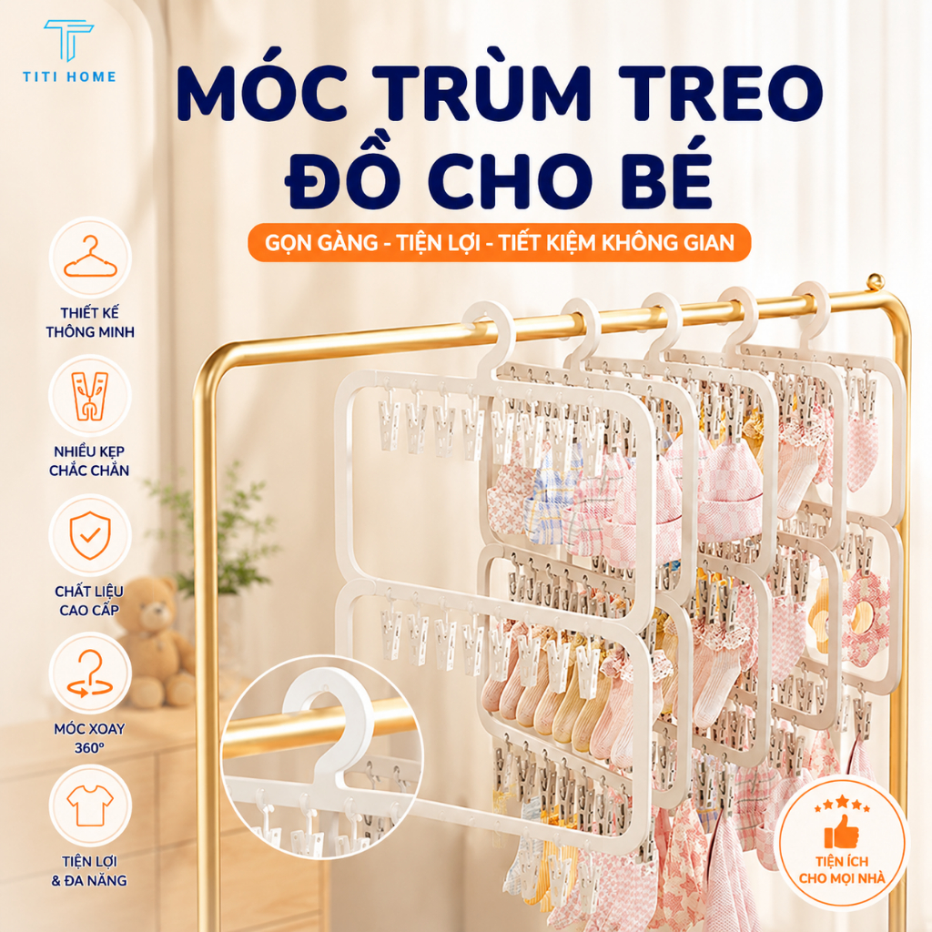 Móc Treo Quần Áo Trẻ Em , Móc Trùm Treo Đồ Cho Bé Treo Khăn Tất Bao Tay Bao Chân Mũ Cho Bé TitiHome