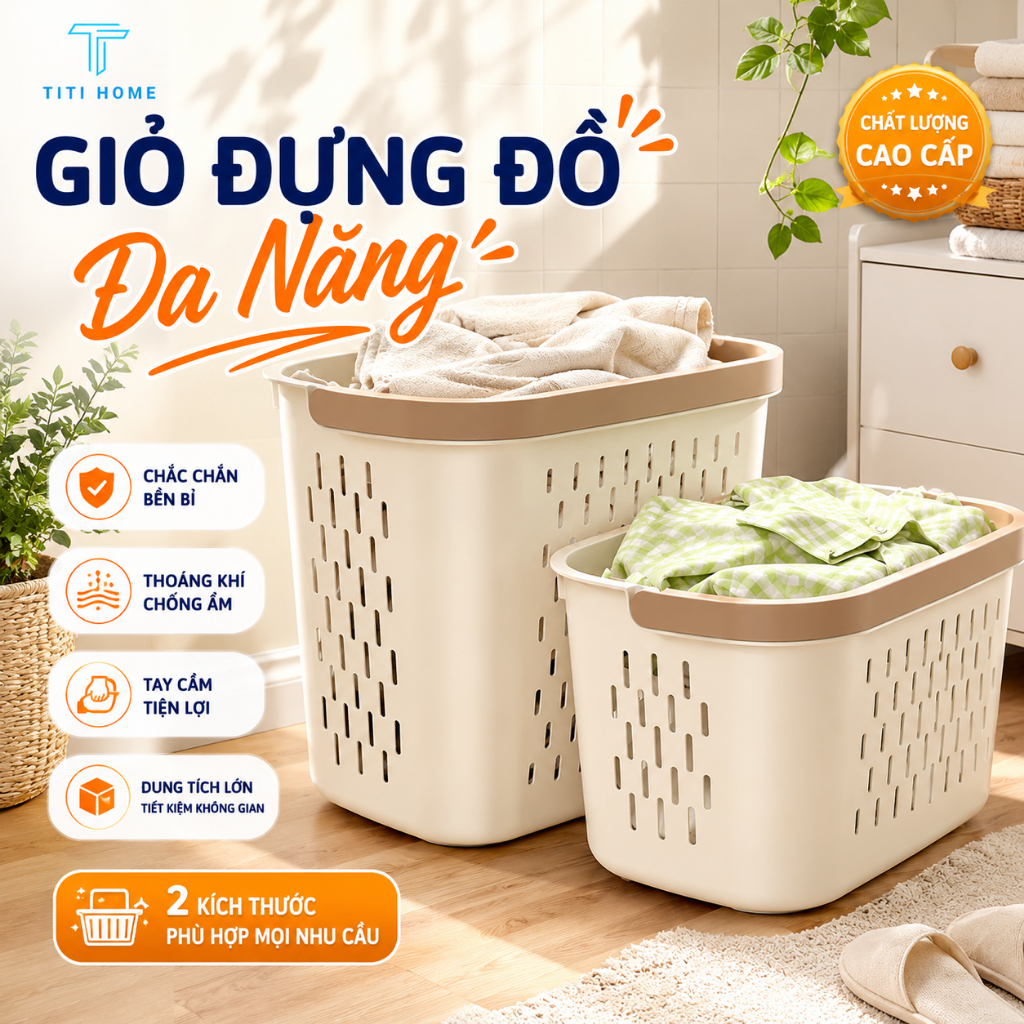Giỏ Đựng Quần Áo Bẩn Để Nhà Tắm Có Quai Xách, Giỏ Đựng Đồ Quần Áo Bẩn Đa Năng Có Tay Cầm  TitiHome