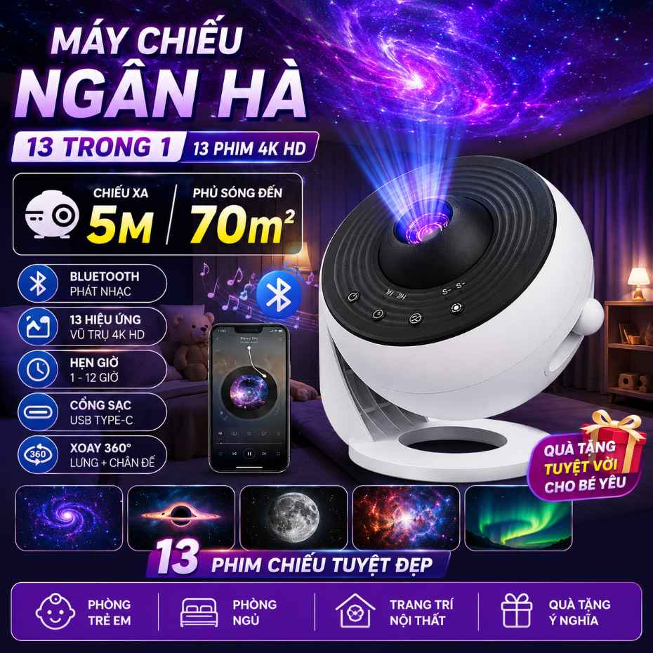 Máy Chiếu Ngân Hà Bluetooth 12 Trong 1,4K HD,Chiếu Xa 5M Phủ 70㎡,Đèn Ngủ Galaxy Cho Phòng Ngủ&Trẻ Em