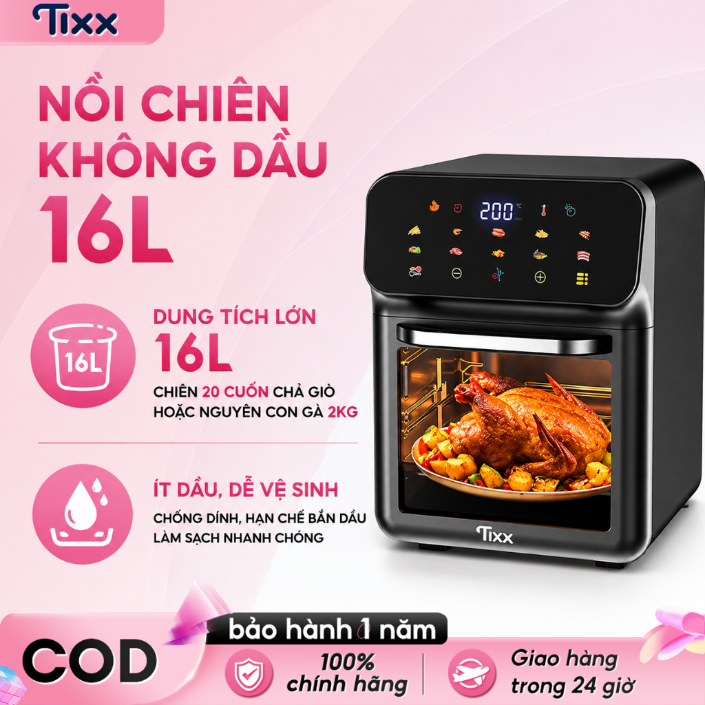 TIXX Nồi chiên không dầu đa năng 1350W đều 360 độ Kính trong suốt xem trực tiếp