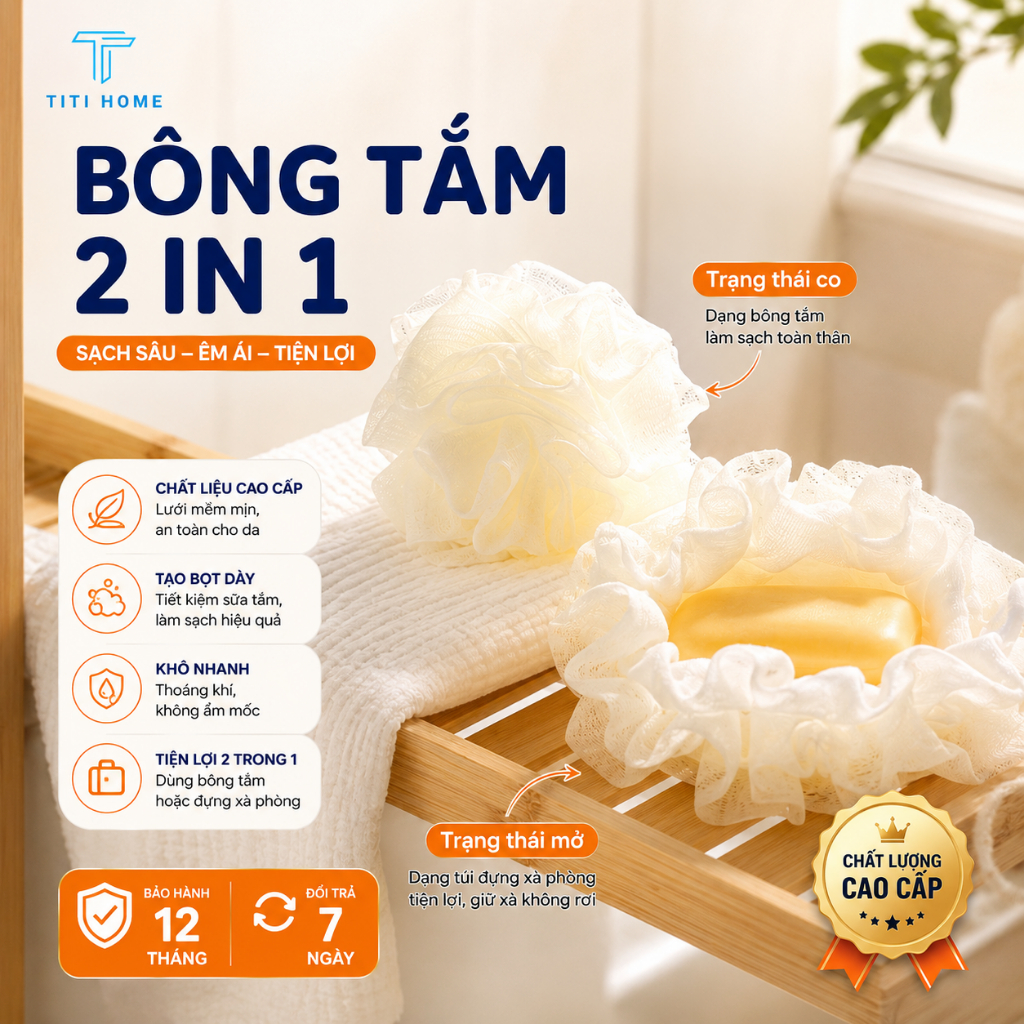Bông Tắm 2 Lớp 2 in 1 Lưới Mềm Mại Tẩy Tế Bào Chết, Bông Tắm Tạo Bọt Hàn Quốc An Toàn TitiHome