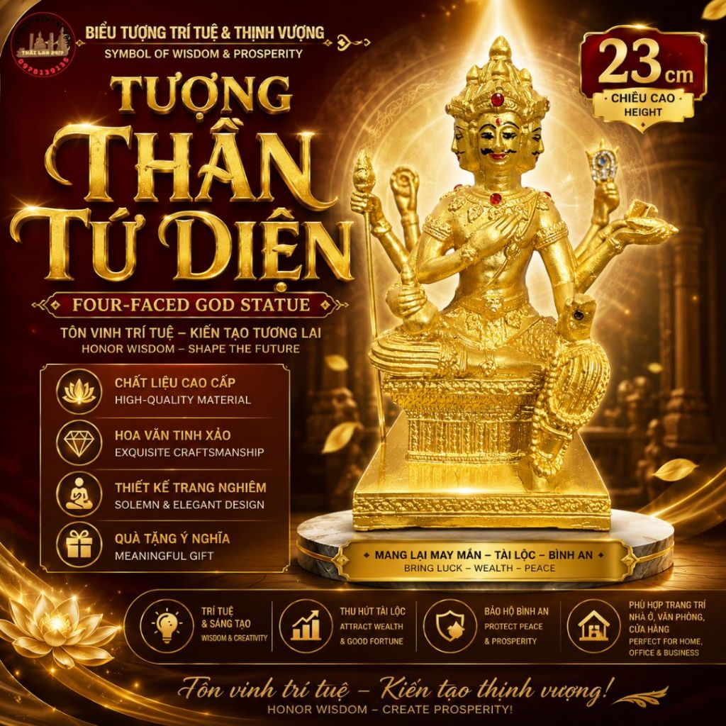 Tượng Trang Trí Tứ Diện Màu Vàng Đồng Cao 25cm - Phụ kiện để bàn làm việc và quà tặng tân gia ý nghĩa