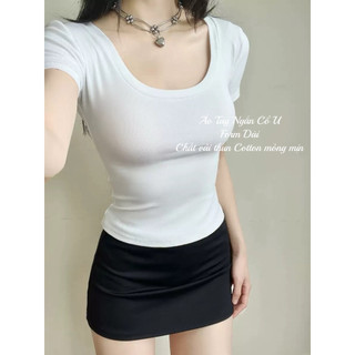 Áo Tay Ngắn Cổ U form Dài Chất Cotton Mỏng mịn