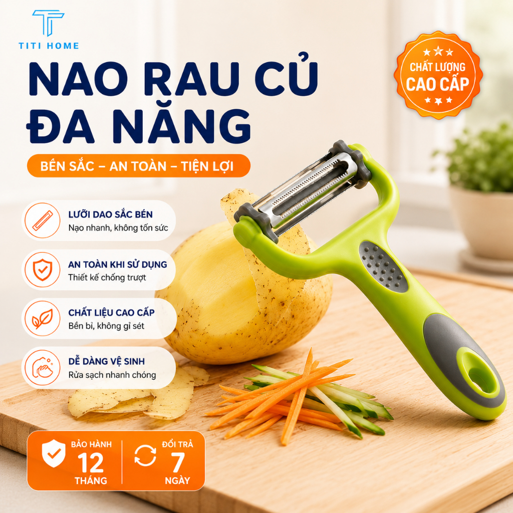 Dao Bào 3 Lưỡi Cầm Tay Đa Năng Cán Nhựa Xanh 3IN1, Dao Gọt Vỏ/Bào Mỏng/Cắt Sợi TitiHome