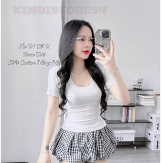 Áo Tay Ngắn Cổ U form Dài Chất Cotton Mỏng mịn