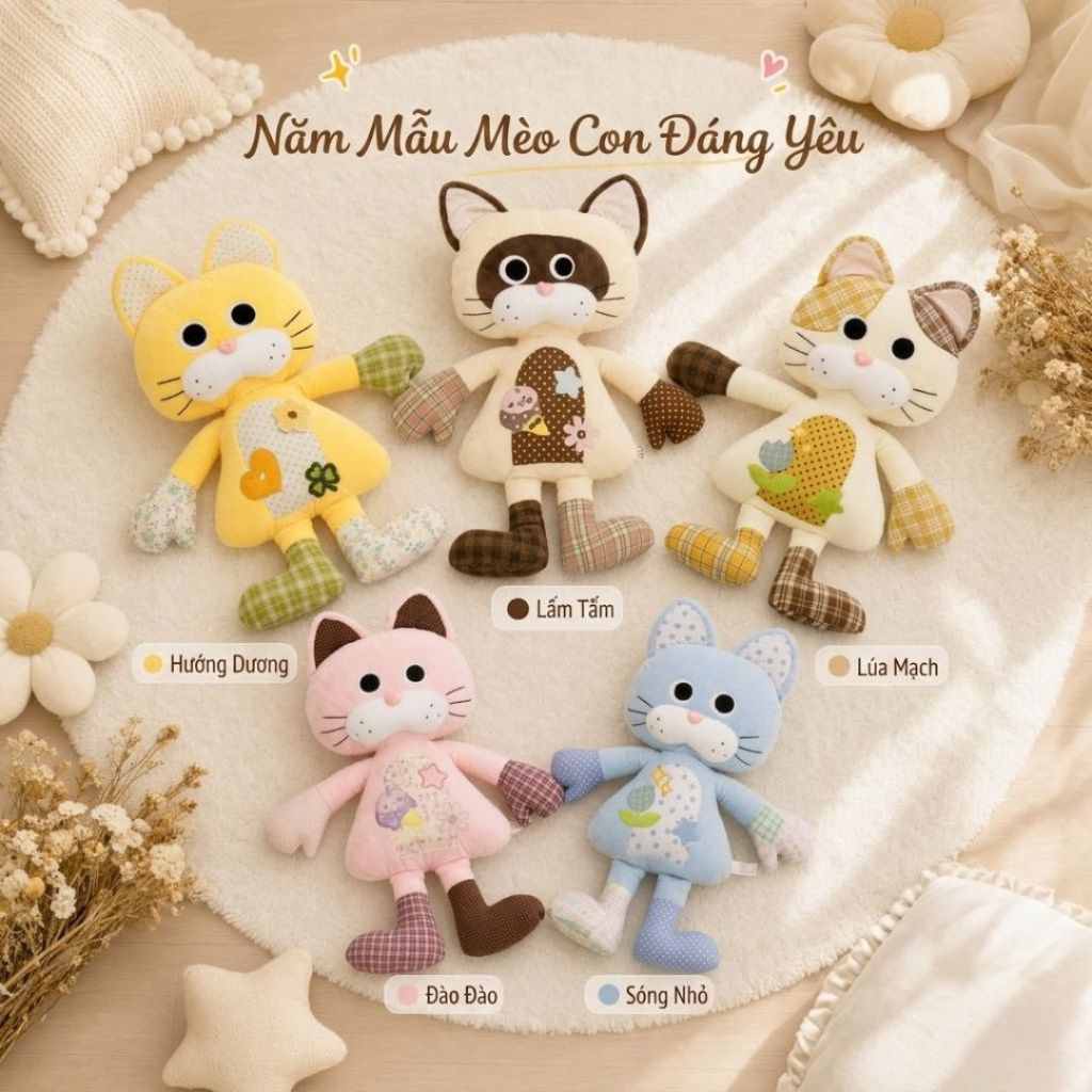 Gấu Bông Mèo Hoạt Hình Vải Chắp Vá Siêu Đáng Yêu, Gối Nhồi Bông Mèo Thiết Kế Nhiều Màu Họa Tiết Độc Đáo Quà Tặng Cho Bé