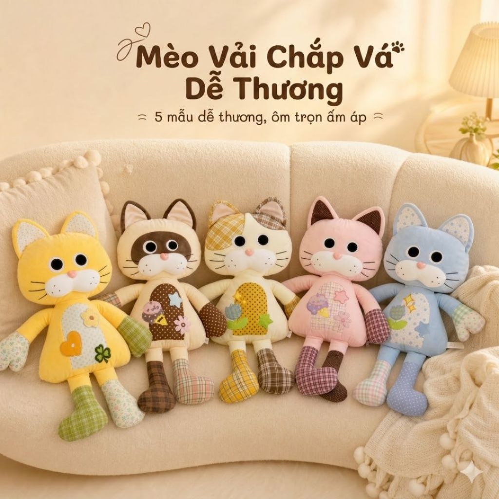 Gấu Bông Mèo Hoạt Hình Vải Chắp Vá Siêu Đáng Yêu, Gối Nhồi Bông Mèo Thiết Kế Nhiều Màu Họa Tiết Độc Đáo Quà Tặng Cho Bé