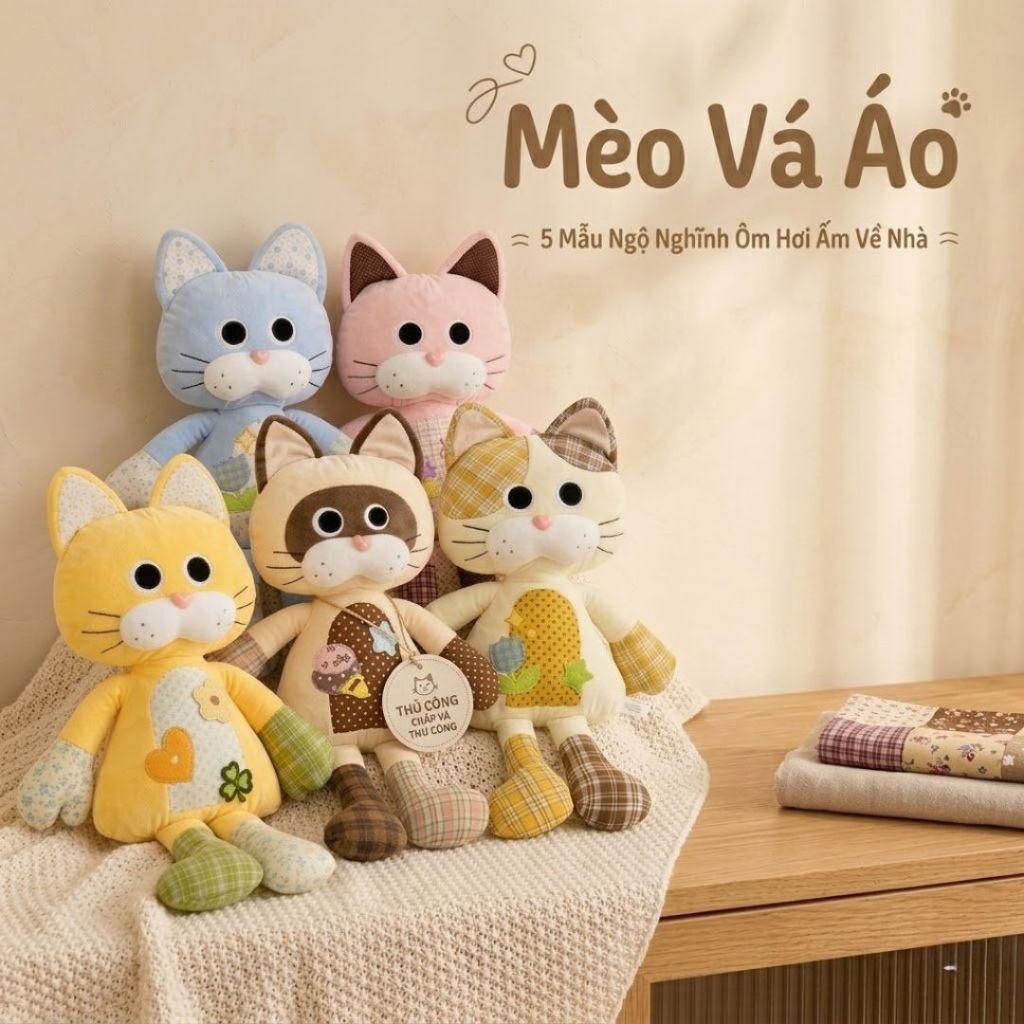 Gấu Bông Mèo Hoạt Hình Vải Chắp Vá Siêu Đáng Yêu, Gối Nhồi Bông Mèo Thiết Kế Nhiều Màu Họa Tiết Độc Đáo Quà Tặng Cho Bé