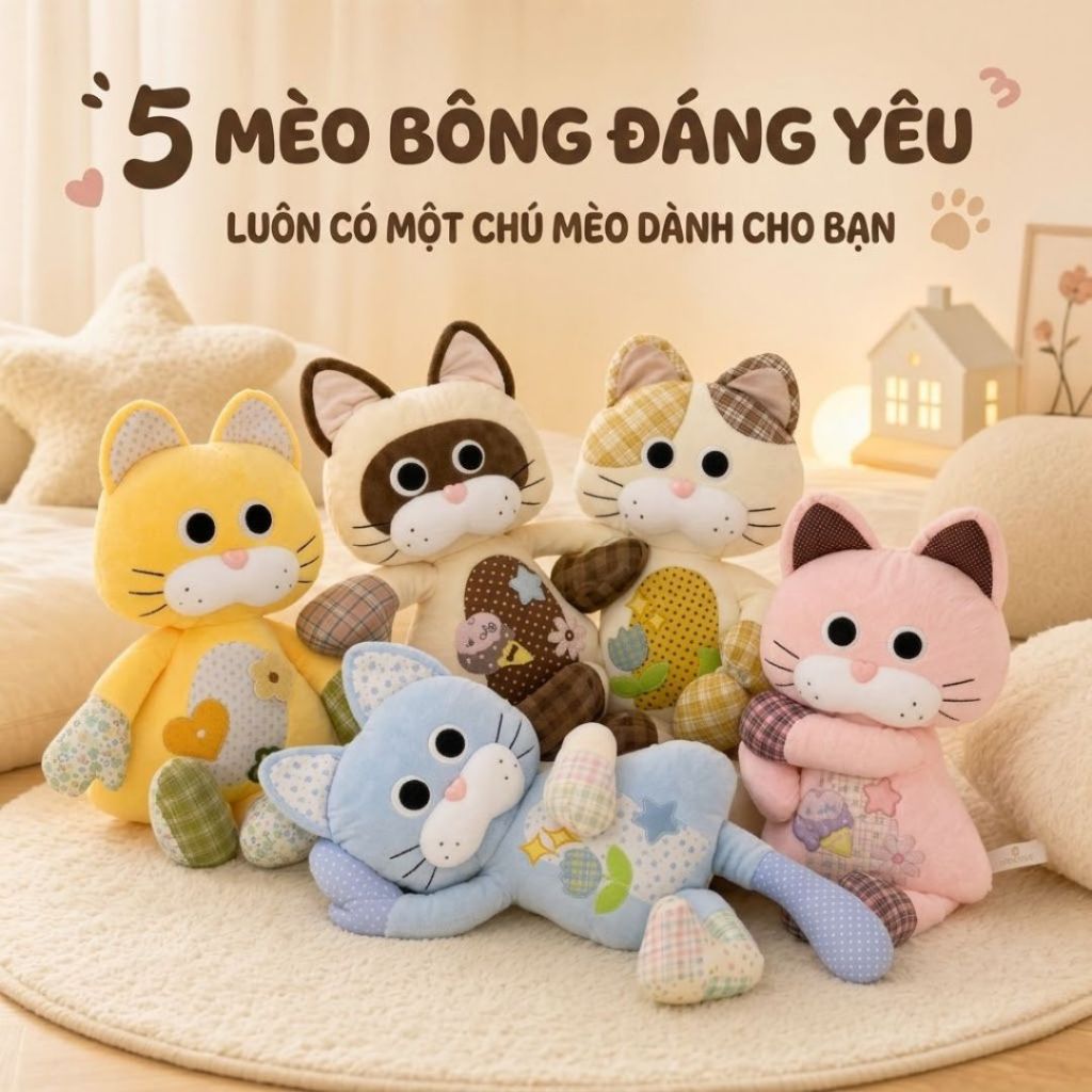 Gấu Bông Mèo Hoạt Hình Vải Chắp Vá Siêu Đáng Yêu, Gối Nhồi Bông Mèo Thiết Kế Nhiều Màu Họa Tiết Độc Đáo Quà Tặng Cho Bé