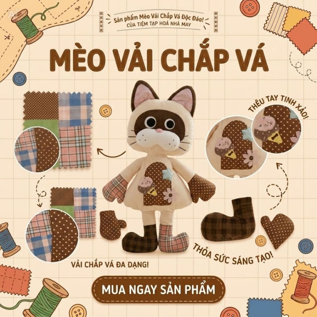 Gấu Bông Mèo Vải Hình Hoạt Bụng Thêu Họa Tiết Độc Đáo, Gối Ôm Mèo Bông Dễ Thương Nhiều Màu Sắc Quà Tặng Cho Bé,Bạn Gái