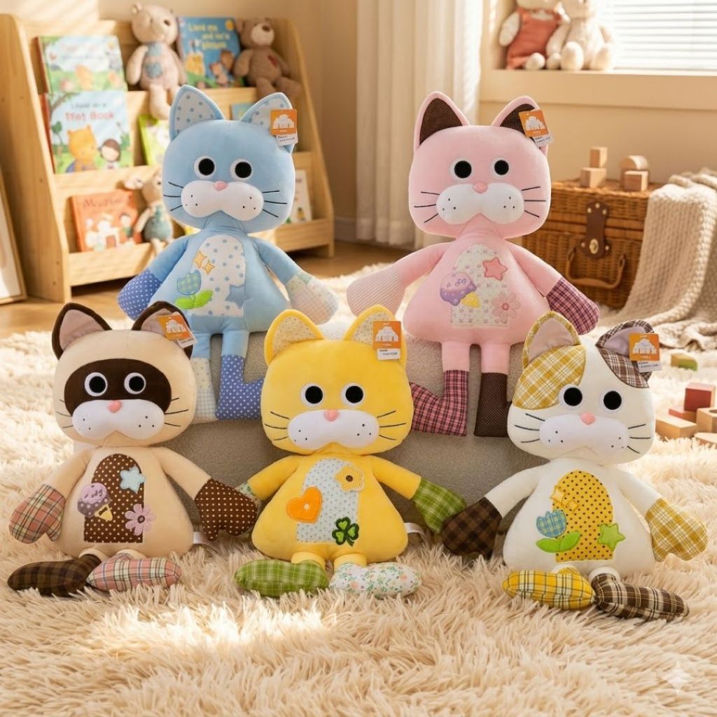 Gấu Bông Mèo Hoạt Hình Vải Chắp Vá Siêu Đáng Yêu, Gối Nhồi Bông Mèo Thiết Kế Nhiều Màu Họa Tiết Độc Đáo Quà Tặng Cho Bé