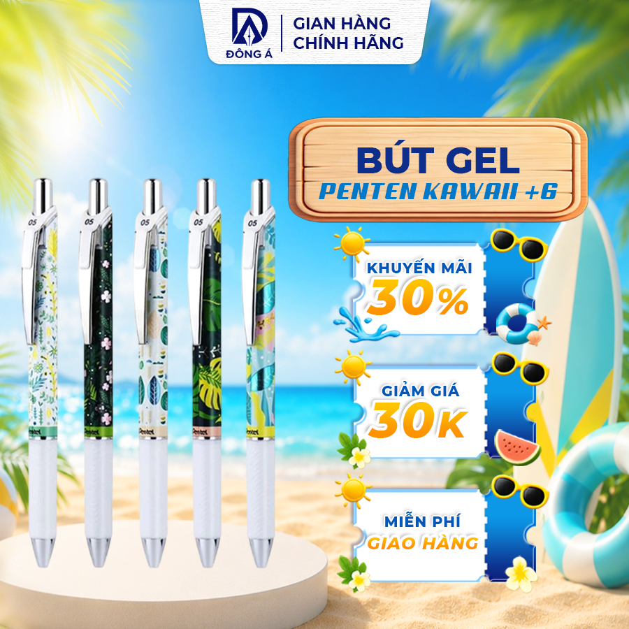 Bút gel Pentel Energel Kawaii 0.5mm dạng bấm – mực xanh nhanh khô, thiết kế họa tiết Floral độc đáo