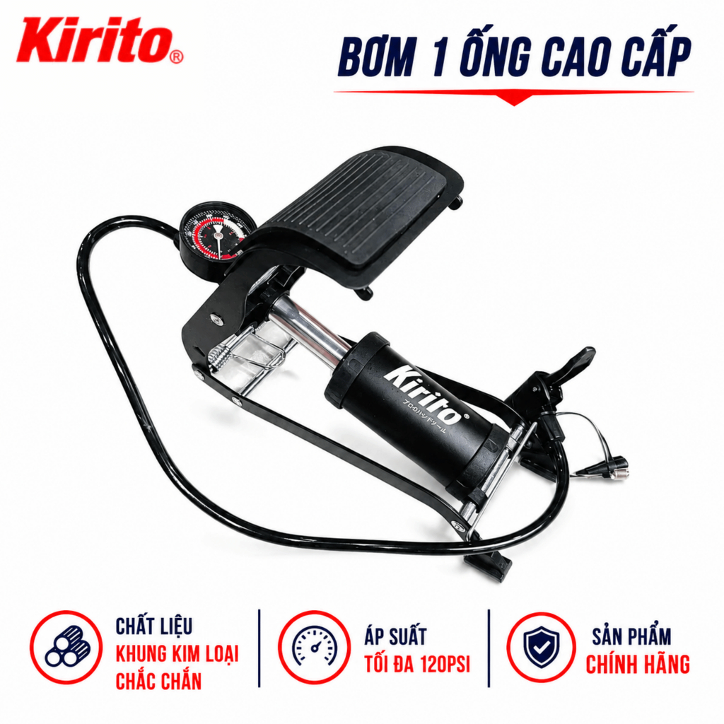 Bơm Chân 1 Ống Kirito K5512C Cao Cấp – Khung Kim Loại Chắc Chắn, Có Đồng Hồ Đo Áp