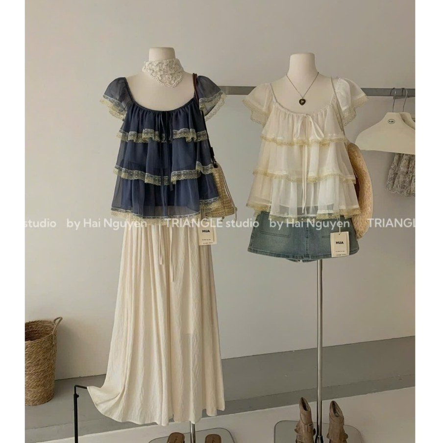 TRIANGLE - Yellow Blouse (Cân nhắc kỹ, return is not welcomed) Áo tơ phối viền ren vàng nhạt style thanh lịch và dễ mặc