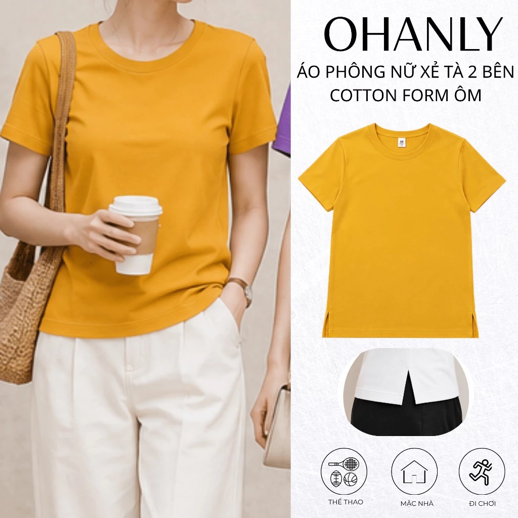 Áo Thun Nữ Cotton Xẻ Tà Form Regular Tay Ngắn Basic Co Giãn Thoáng Mát Dễ Phối Đồ OHANLY