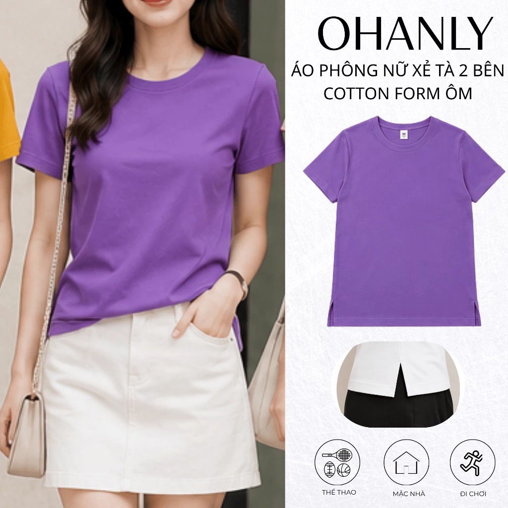 Áo Thun Nữ Cotton Xẻ Tà Form Regular Tay Ngắn Basic Co Giãn Thoáng Mát Dễ Phối Đồ OHANLY