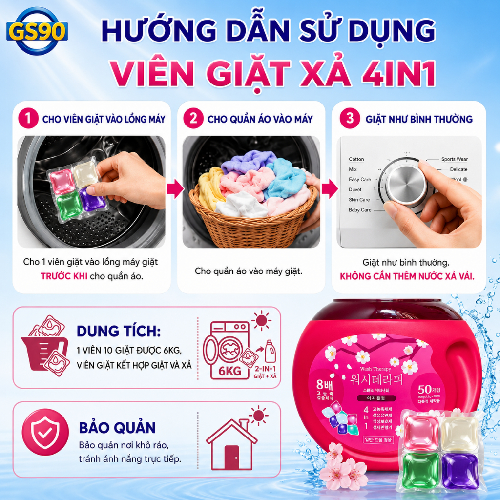 Viên Giặt Xả Wash Therapy 4in1 Túi 10 Viên Tiết Kiệm, Giặt Sạch Thơm Lâu, Bảo Vệ Sợi Vải, Đậm Đặc Tiện Lợi