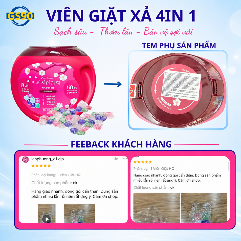 [MUA 2 TẶNG 1] Viên Giặt Xả Wash Therapy 4in1 50 Viên, Giặt Sạch Thơm Lâu, Bảo Vệ Sợi Vải, Đậm Đặc Tiện Lợi