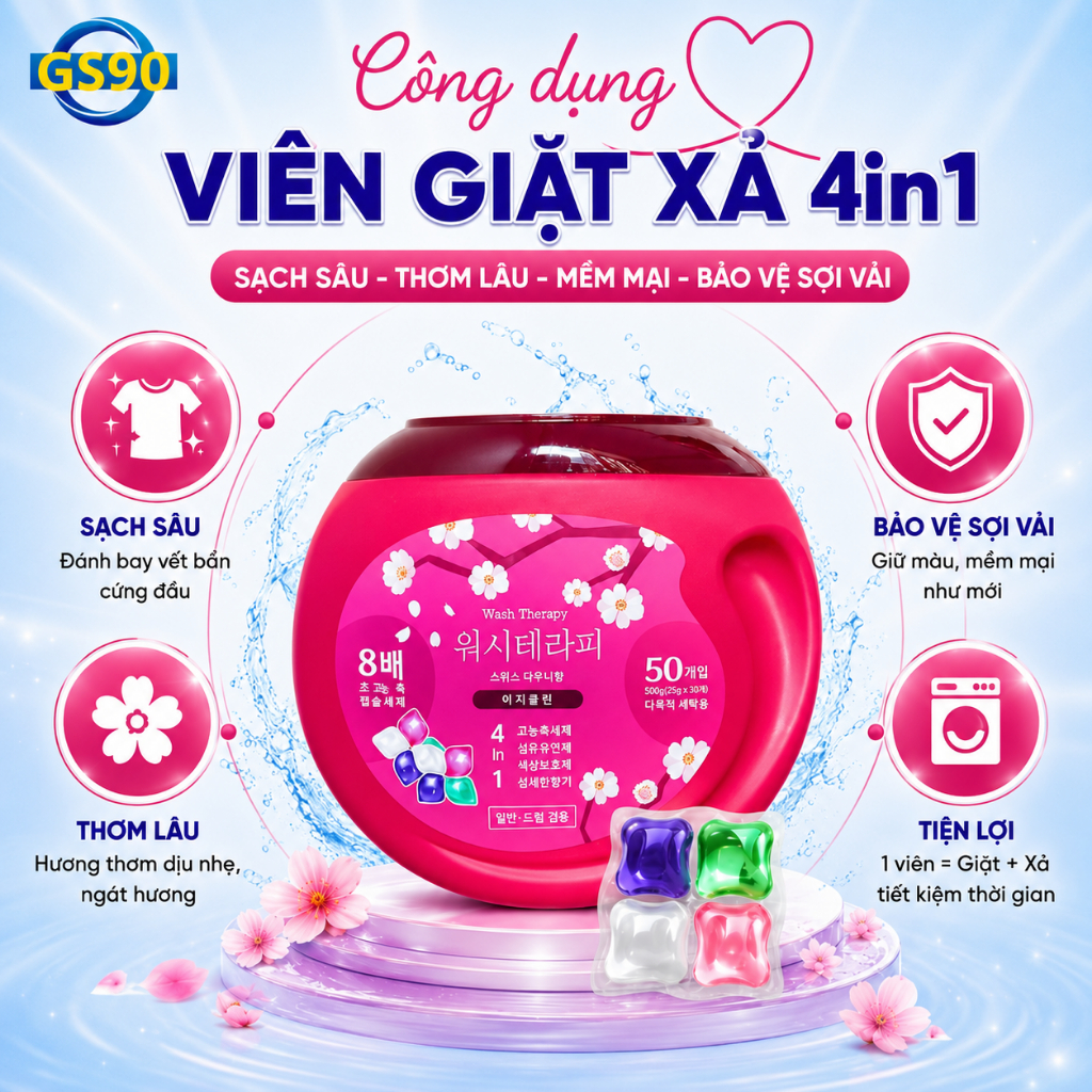 [MUA 2 TẶNG 1] Viên Giặt Xả Wash Therapy 4in1 50 Viên, Giặt Sạch Thơm Lâu, Bảo Vệ Sợi Vải, Đậm Đặc Tiện Lợi