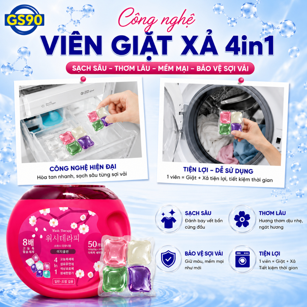 Viên Giặt Xả Wash Therapy 4in1 Túi 10 Viên Tiết Kiệm, Giặt Sạch Thơm Lâu, Bảo Vệ Sợi Vải, Đậm Đặc Tiện Lợi
