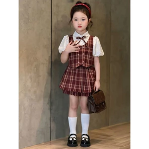 Set Đồ Bé Gái Áo Sơ Mi Tay Phồng Kèm Áo Gile Caro và Chân Váy Xếp Ly Mặc Đi Chơi Đi Tiệc Đi Học