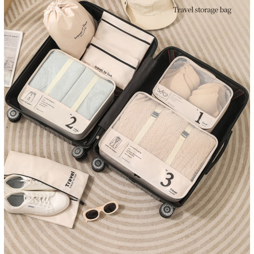Set 7 Túi Đựng Đồ Du Lịch Đa Năng Sắp Xếp Đồ Tiện Dụng Khóa Zip Chống Thấm Túi Vải Nylon Đựng Quần Ao