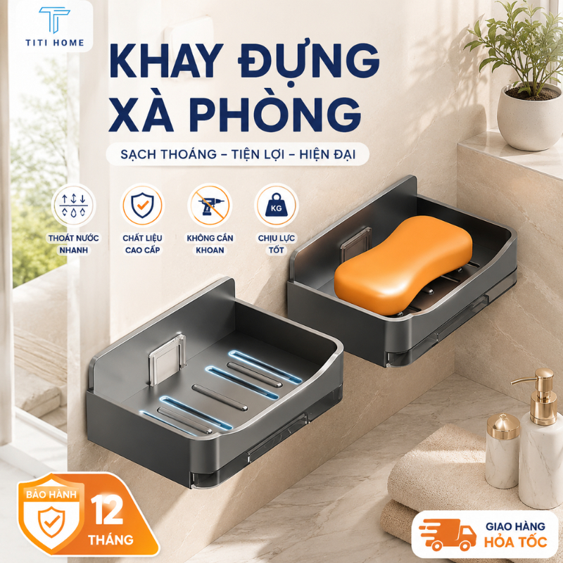 Kệ Đựng Xà Phòng Gắn Tường Có Khay Thoát Nước Giá Để Xà Bông Không Cần Khoan Chống Đọng Nước Nhựa ABS Titihome