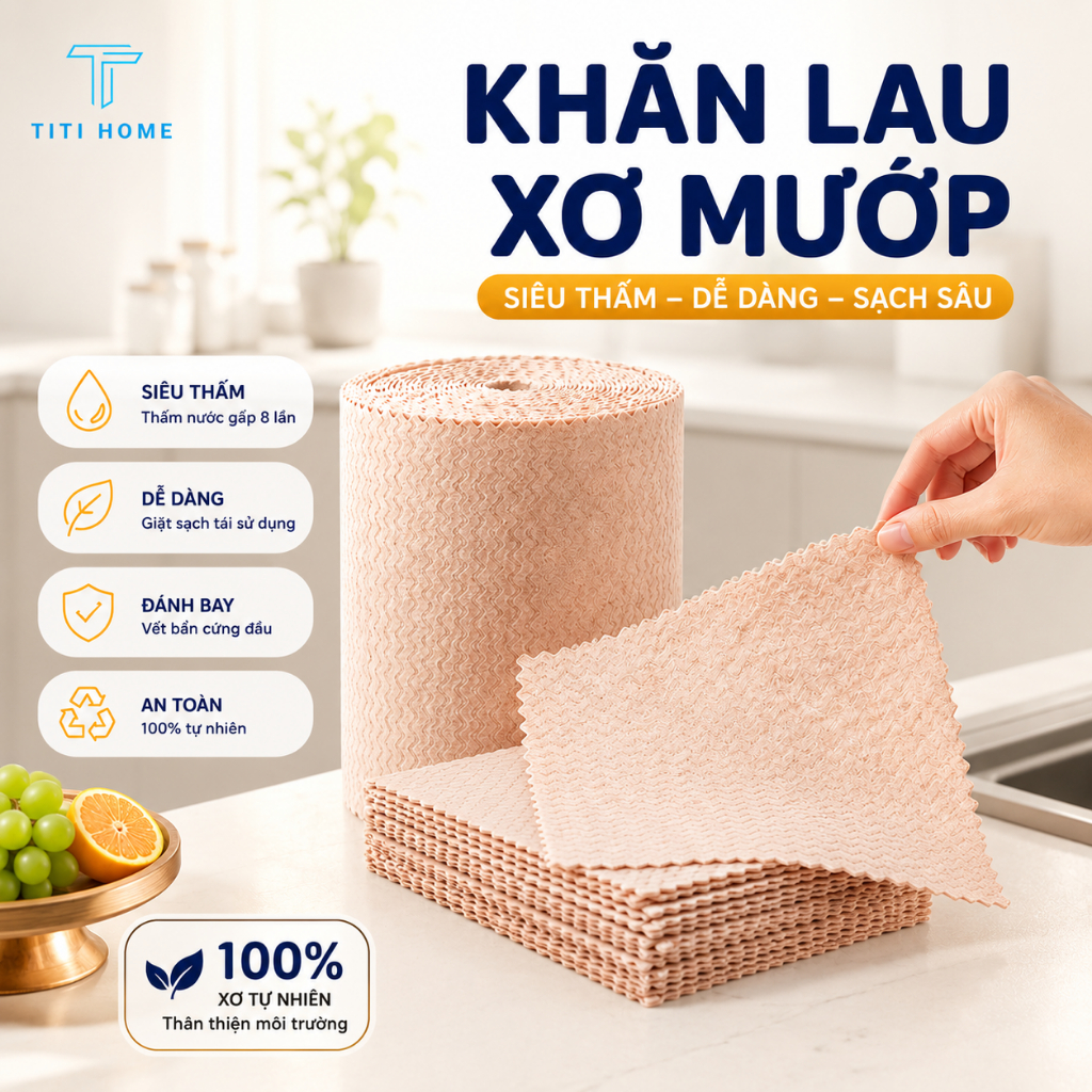 Khăn Lau Xơ Mướp 20cm x 20cm Sợi Tự Nhiên Thấm Hút Tốt, Khăn Lau Chén Dĩa TitiHome