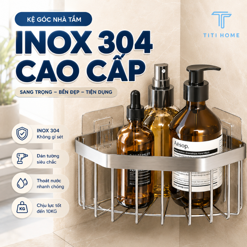 Giá để đồ rửa bát inox góc vuông thiết kế thông minh, kệ gắn góc bồn rửa giá đựng đồ nhà tắm TitiHome