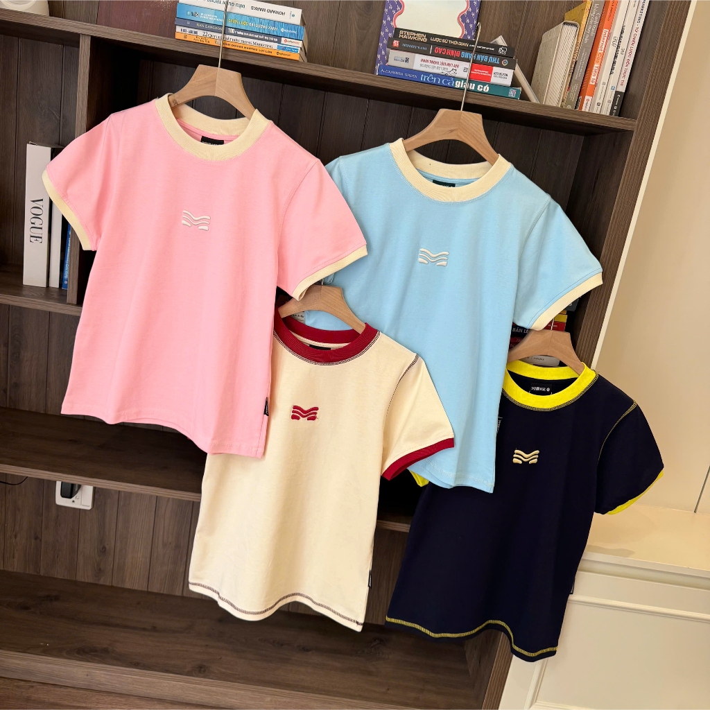 Áo Thun Phối Viền Màu Logo Thêu Xinh Yêu, Chất Cotton Mềm Mịn, Có Kèm Hình Thật.