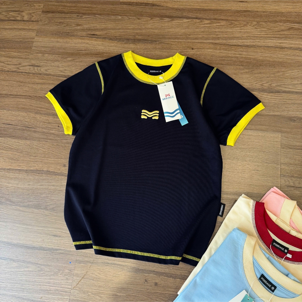 Áo Thun Phối Viền Màu Logo Thêu Xinh Yêu, Chất Cotton Mềm Mịn, Có Kèm Hình Thật.