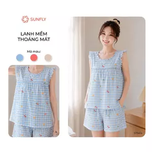Đồ bộ mặc nhà nữ SUNFLY lanh mềm mát áo sát nách quần sooc ST9414