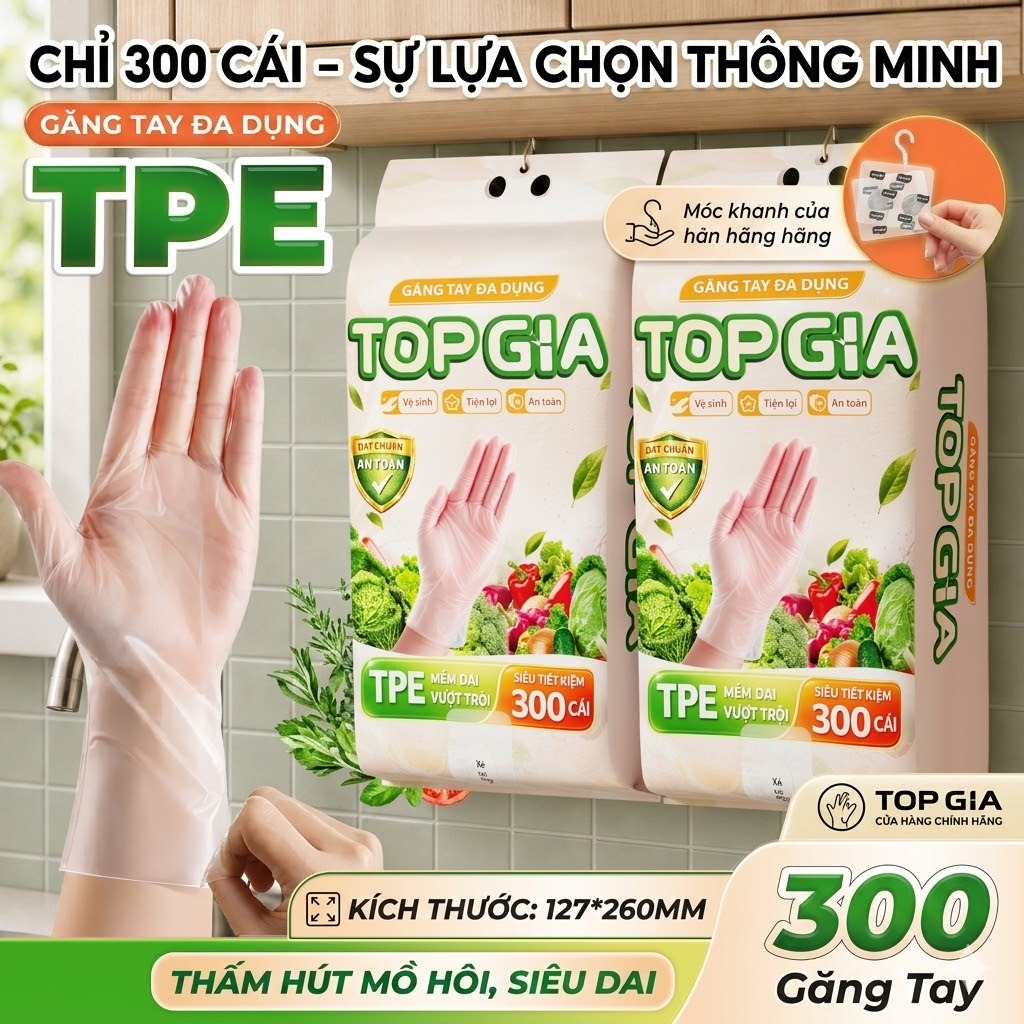 (300 CÁI) Găng Tay Đa Dụng TPE TOPGIA Dạng Rút Treo Tường, Kèm Móc Treo, An Toàn Vệ Sinh