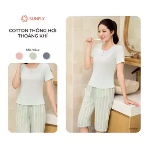 Đồ bộ mặc nhà nữ SUNFLY áo cotton thông hơi thoáng mát cộc tay quần ngố kate ST9378