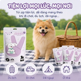 Tushie Treats Găng Tay Tắm Khô Cho Chó Mèo (7 Cái), Vệ Sinh Toàn Thân Tiện Lợi, Không Cồn, Dịu Nhẹ An Toàn Cho Da