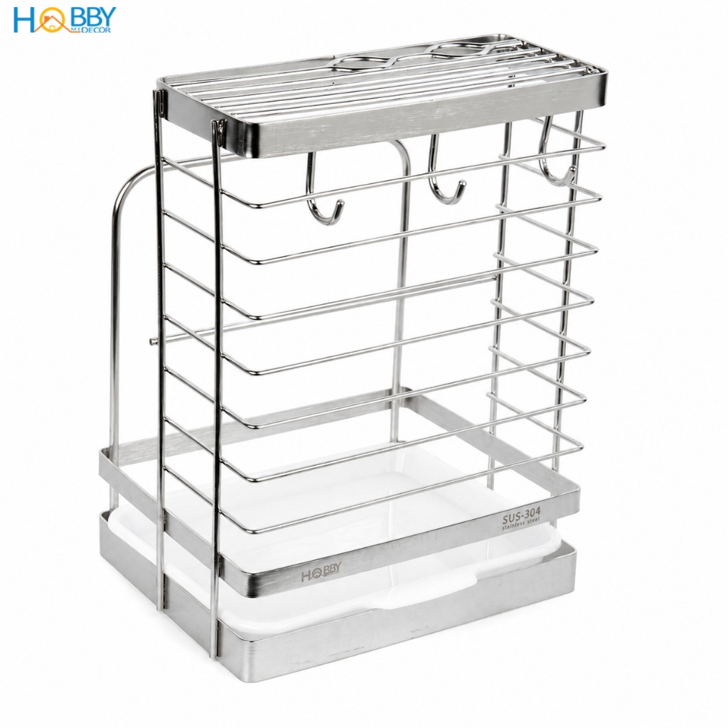 Kệ cắm dao keo thớt có 3 móc treo đồ inox 304 Hobby Home Decor DD2N3