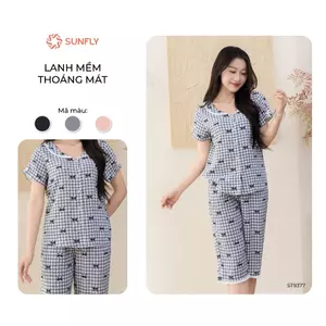 Bộ mặc nhà pijama nữ SUNFLY lanh mềm mát áo cộc quần ngố ST9377