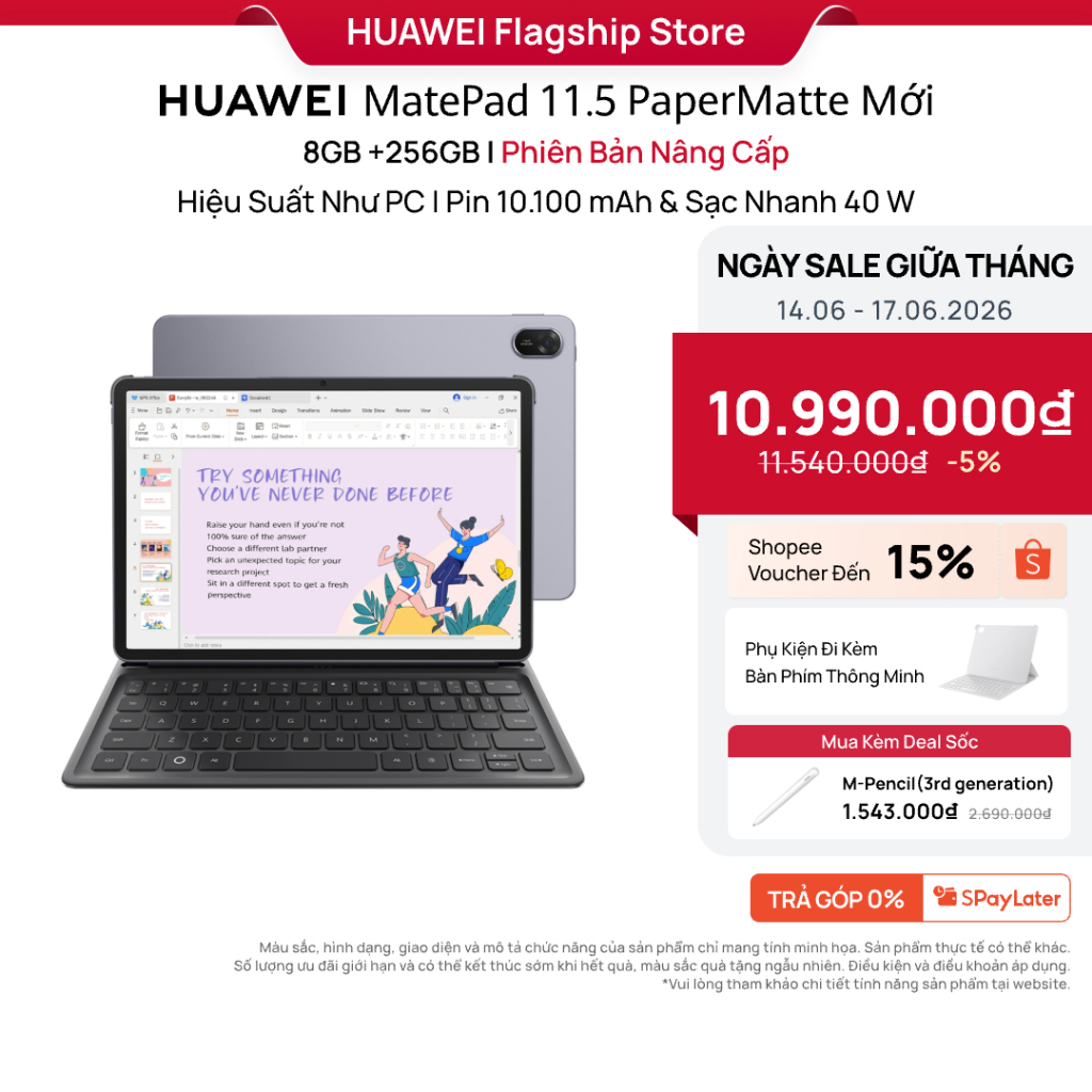 Máy tính bảng HUAWEI MatePad 11.5 PaperMatte Mới 8+256GB | Hiệu Suất Như PC | Pin 10.100 mAh | Sạc Nhanh 40W