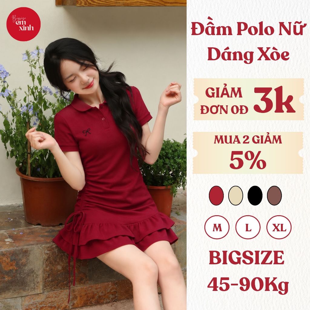 Đầm Polo Nữ Dáng Xòe Rút Dây In Nơ Bigsize Chất Mềm Co Giãn Che Dáng 45–85kg BS055 | EmxinhBigsize