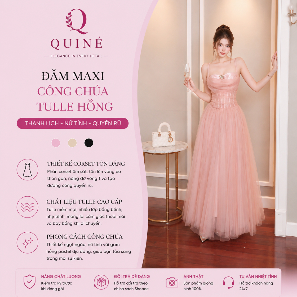 Đầm Maxi Công Chúa Tulle Hồng Cao Cấp QUINÉ – Váy Dạ Hội 2 Dây Chiết Eo Tôn Dáng Thanh Lịch Sang Trọng