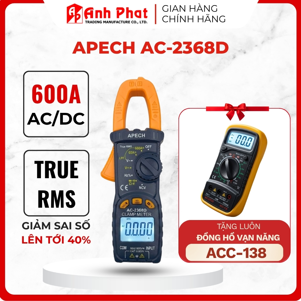 Ampe kìm đo AC/DC APECH AC-2368D tích hợp TrueRMS đo điện trở, tụ điện, tần số, thông mạch,...